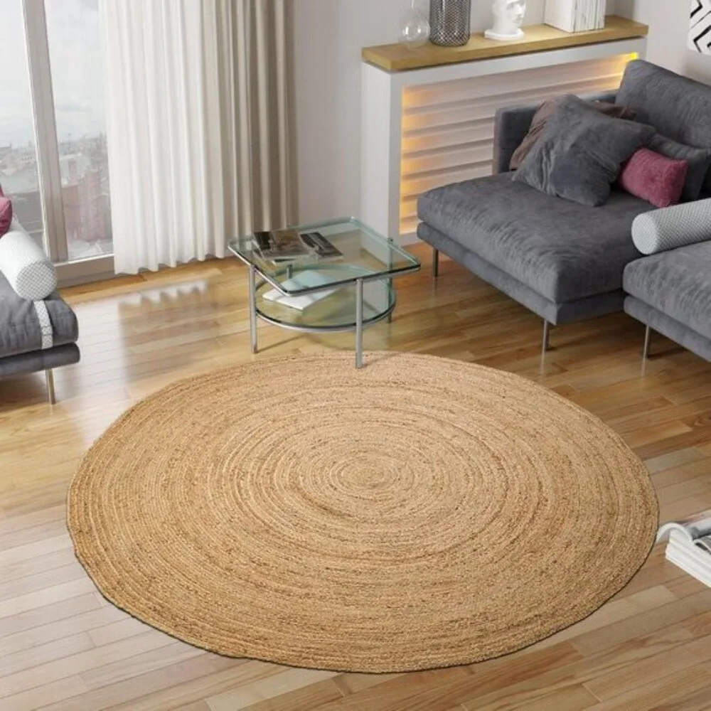 New 5’ Round Hand-Woven Jute Rug, Natural Reversible Boho Braided Floor Carpet